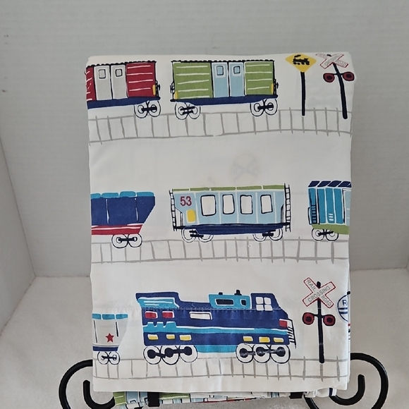 Pottery Barn Kids Vintage Blue Green Red Railroad Trains Cotton